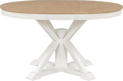LUMISOL 42"-54" Extendable Round Dining Table for 4-6, Farmhouse Round to Oval Kitchen Table with 12" Removable Leaf and Pedestal Base for Dining Room, Living Room, Oak Natural Wood+Off White