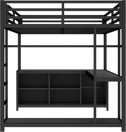 Bellemave Queen Size loft Bed with L Desk and Wardrobe, Metal Queen Size Loft Bed Frame for Adults, Kids, Teens, Black