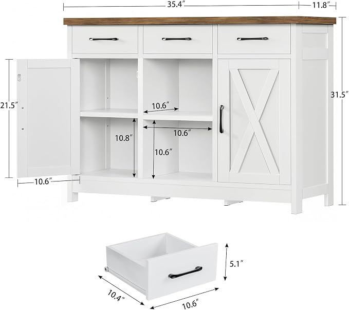 TEENFON Storage Cabinet, Coffee Bar Cabinet with 3 Drawers, 2 Adjustable Shelves & 2 Doors, Buffet Cabinet, Kitchen Cabinet for Kitchen, Dining Room, Living Room, White