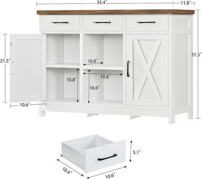TEENFON Storage Cabinet, Coffee Bar Cabinet with 3 Drawers, 2 Adjustable Shelves & 2 Doors, Buffet Cabinet, Kitchen Cabinet for Kitchen, Dining Room, Living Room, White