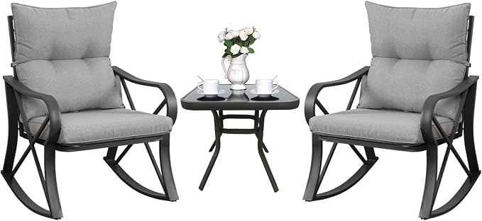 COSIEST 3 Piece Bistro Set Patio Rocking Chairs Outdoor Furniture w Warm Gray Cushions, Glass-Top Table for Garden, Pool, Backyard
