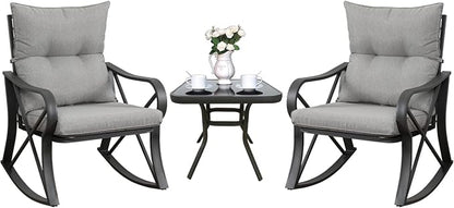 COSIEST 3 Piece Bistro Set Patio Rocking Chairs Outdoor Furniture w Warm Gray Cushions, Glass-Top Table for Garden, Pool, Backyard
