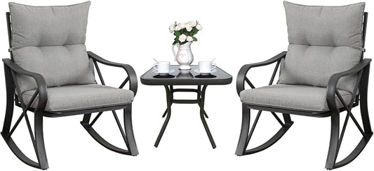 COSIEST 3 Piece Bistro Set Patio Rocking Chairs Outdoor Furniture w Warm Gray Cushions, Glass-Top Table for Garden, Pool, Backyard