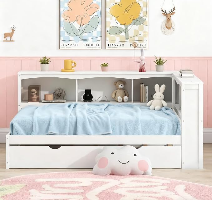 Bellemave Twin Corner Bed Frame with Trundle and USB Ports, Wood Twin Daybed with L-Shaped Bookcase，Daybed with Storage Cabinets, White