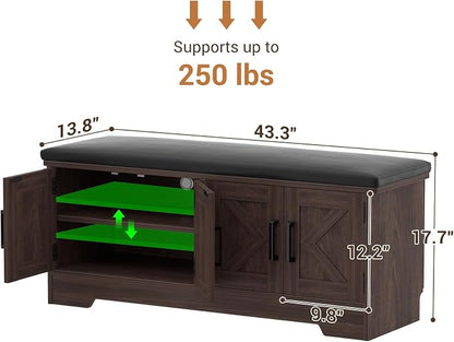 Farmhouse Shoe Storage Bench with Cushion - 43.3" Entryway Bench with Storage & 4 Barn Doors, 2-Tier Wooden Shoe Rack Bench, Shoe Cabinet & Mudroom Bench for Bedroom Hallway Living Room, Black Walnut