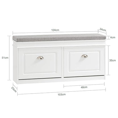 SoBuy White Storage Shoe Bench with 2 Flip Drawers, Hidden Shoe Bench, Free Standing Shoe Rack, Shoe Cabinet, Hallway Storage Bench with Seat Cushion FSR64-W