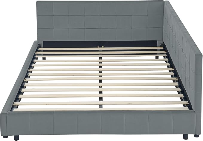 Bellemave Queen Size Corner Bed Frame with Comfortable Backrest and Armrests, Velvet Tufted Corner Bed Frame Queen Size, Upholstered Daybed for Bedroom, Living Room, Guest Room, Gary