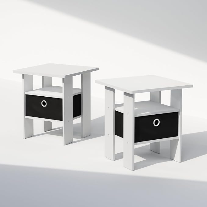 Furinno TIDUR Night Stand Set of 2, Open Shelf Design Nightstand with Storage Bin, Bedside Table, End Table, Side Table, for Bedroom, Closet, Dorm, White