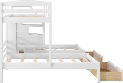 VilroCaz Twin Size Triple Bunk Bed with Drawers and Staircase, Solid Wood Bunk Bed Frame with Safety Full-Length Guardrail and Built-in Shelves, 3 Beds in 1 for Kids Teens Adults