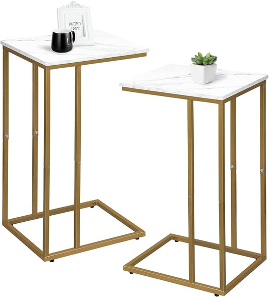 Possile C Shaped End Table Set of 2, Small Side Table for Sofa and Bed, Couch Tables That Slide Under, Snack Side Table for Living Room, Bedroom, White Faux Marble and Gold