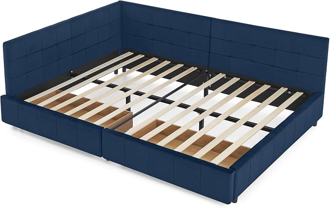 Full Size Corner Bed Frame with Storage Drawers, Comfortable Backrest and Armrests, Velvet Tufted Corner Bed Frame Full Size, Upholstered Daybed for Bedroom, Living Room, Guest Room, Dark Blue