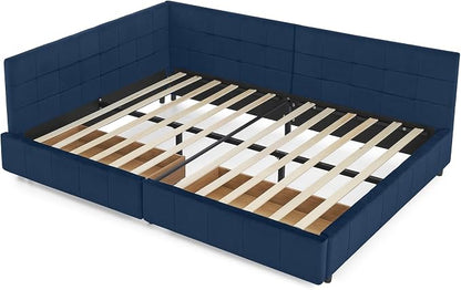Full Size Corner Bed Frame with Storage Drawers, Comfortable Backrest and Armrests, Velvet Tufted Corner Bed Frame Full Size, Upholstered Daybed for Bedroom, Living Room, Guest Room, Dark Blue