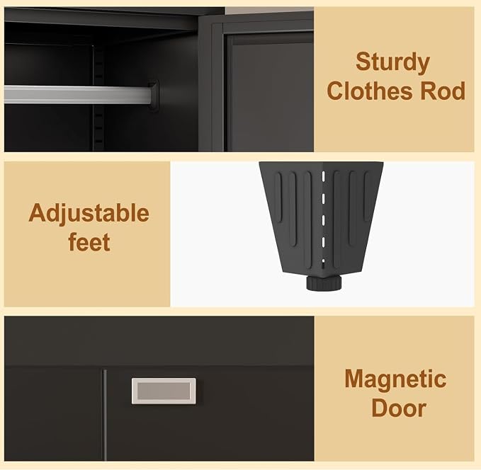 Metal Armoire Wardrobe Closet Storage Cabinet with Mirror Black, 71'' Wardrobe Cabinet with Hanging Rod Metal Closet with 2 Adjustable Shelves for Bedroom, Laundry Room, Cloak Room