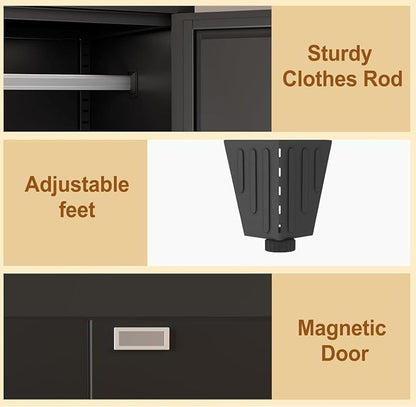Metal Armoire Wardrobe Closet Storage Cabinet with Mirror Black, 71'' Wardrobe Cabinet with Hanging Rod Metal Closet with 2 Adjustable Shelves for Bedroom, Laundry Room, Cloak Room
