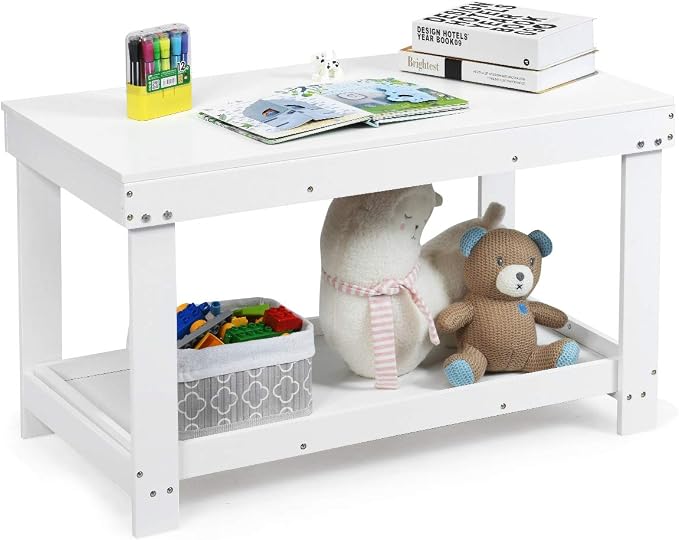 Costzon 2 in 1 Kids Activity Table w/Storage, Patented Building Block Table w/Board for Bricks Crafts Arts Draw, Children Solid Wood Play Table Desk for Preschool Toddler Boy & Girl Gift, White