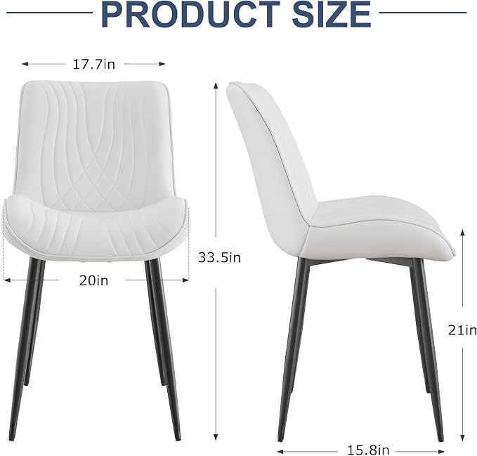 VECELO Dining Chairs Set of 2, Modern Upholstered Faux Leather Cushion Seat and Metal Legs for Kitchen, Living Room, White