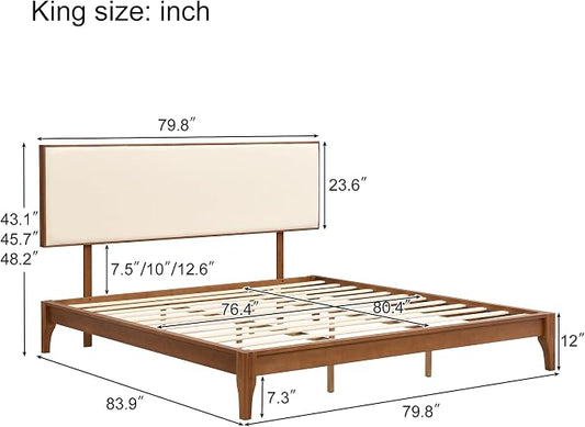 Merax King Size Bamboo Platform Bed, Mid-Century Modern Bed Frame with Upholstered Adjustable Headboard, Wood Slat Support, No Box Spring Needed, Easy Tool-Free Assembly, Brown+Beige