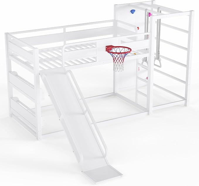 Harper & Bright Designs Twin Size Metal Bunk Bed with Built-in Bookshelves and Basketball Hoop, Floor Bunk Bed Twin Over Twin with Slide, Climbing Wall and Pull-up Rings for Kids Teens, White