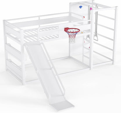 Harper & Bright Designs Twin Size Metal Bunk Bed with Built-in Bookshelves and Basketball Hoop, Floor Bunk Bed Twin Over Twin with Slide, Climbing Wall and Pull-up Rings for Kids Teens, White
