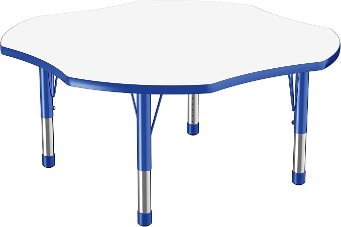 FDP Dry-Erase Clover Activity School and Classroom Kids Table (48 x 48 inch), Chunky Toddler Legs for Collaborative Spaces, Adjustable Height 15-24 inches - Whiteboard Top, Blue Edge and Blue Legs