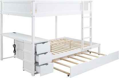 Harper & Bright Designs Full Over Full Bunk Bed Twin Size Trundle, Wood Full Bunk Bed with USB Ports, Storage and Desk, White