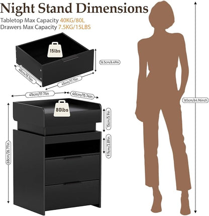 Black Nightstand with Charging Station, Hidden Sliding Top Compartment with USB-C, 2 USB Ports & 2 Outlets, Modern Night Stand with Drawers for Bedroom