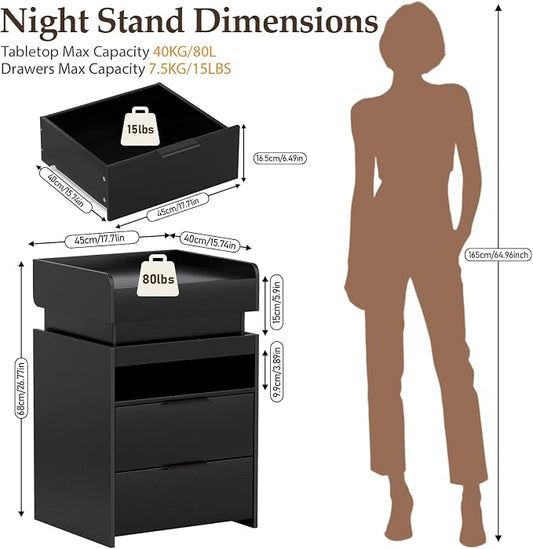 Black Nightstand with Charging Station, Hidden Sliding Top Compartment with USB-C, 2 USB Ports & 2 Outlets, Modern Night Stand with Drawers for Bedroom