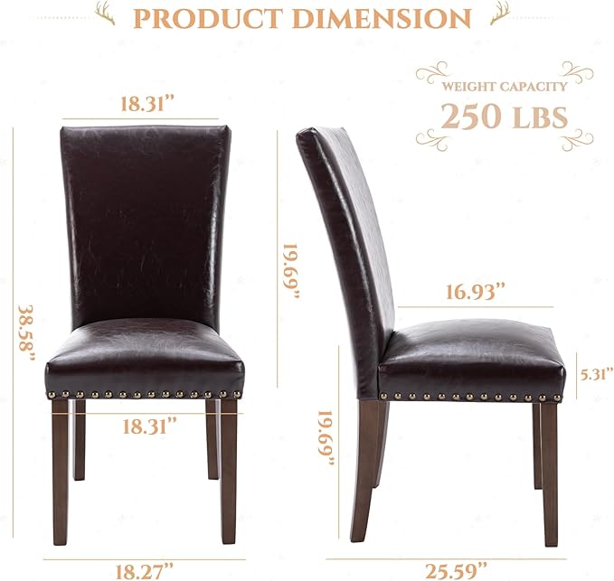 Parsons Dining Chairs Set of 6, Upholstered Nailhead PU Leather Dining Room Kitchen Side Chair with Thick Cushions and Wood Legs, Dark Brown