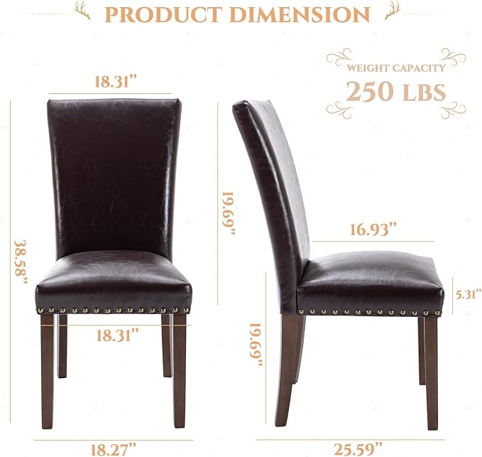 Parsons Dining Chairs Set of 2, Upholstered Nailhead PU Leather Dining Room Kitchen Side Chair with Thick Cushions and Wood Legs, Dark Brown
