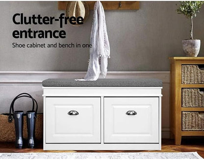 Artiss Shoe Storage Bench, White Shoe Bench with 2 Flip Drawers Cabinet Rack Organiser Drawer Organizer Holder Display Closet Stand Furniture, for Home Living Room Hallway Entryway Front Door Entrance