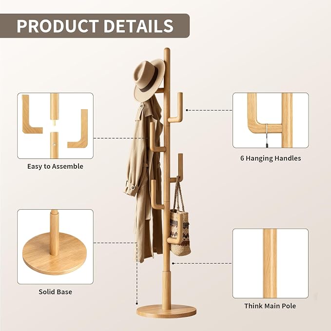 Coat Rack,Solid Wood Cactus Freestanding Coat RackWith 6 L-Shaped Hooks and 3 Adjustable Sizes,Coat Tree for Bedroom, Entryway, Livingroom, Coat Hanger Stand for Coats, Handbags (Natural)