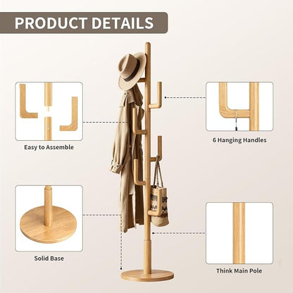 Coat Rack,Solid Wood Cactus Freestanding Coat RackWith 6 L-Shaped Hooks and 3 Adjustable Sizes,Coat Tree for Bedroom, Entryway, Livingroom, Coat Hanger Stand for Coats, Handbags (Natural)