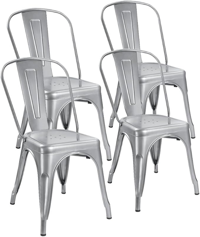 Devoko Metal Indoor-Outdoor Chairs Distressed Style Kitchen Dining Chairs Stackable Side Chair with Back Set of 4 (Silver)
