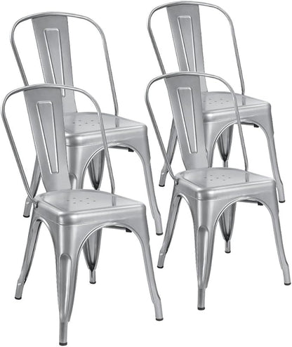 Devoko Metal Indoor-Outdoor Chairs Distressed Style Kitchen Dining Chairs Stackable Side Chair with Back Set of 4 (Silver)