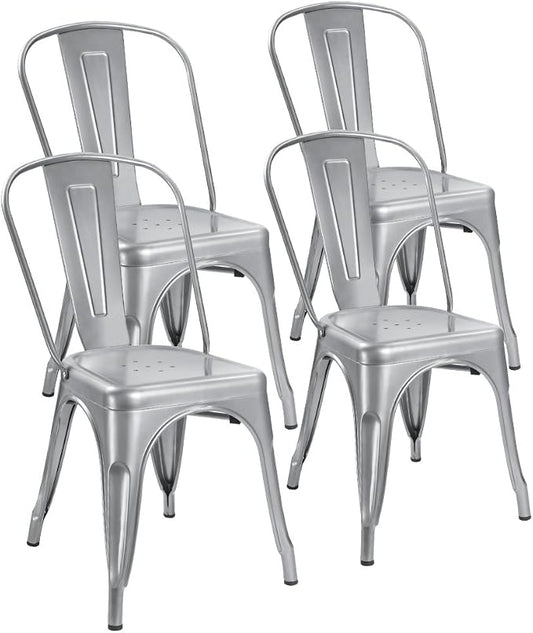 Devoko Metal Indoor-Outdoor Chairs Distressed Style Kitchen Dining Chairs Stackable Side Chair with Back Set of 4 (Silver)