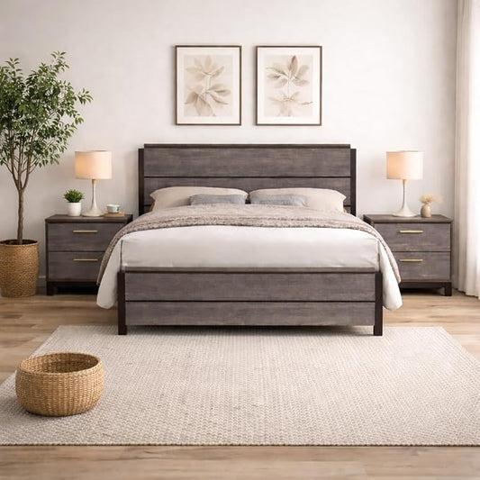 Kings Brand Furniture 3-Piece Antique Grey Bedroom Set – King Size Wood Bed Frame with 2 Nightstands