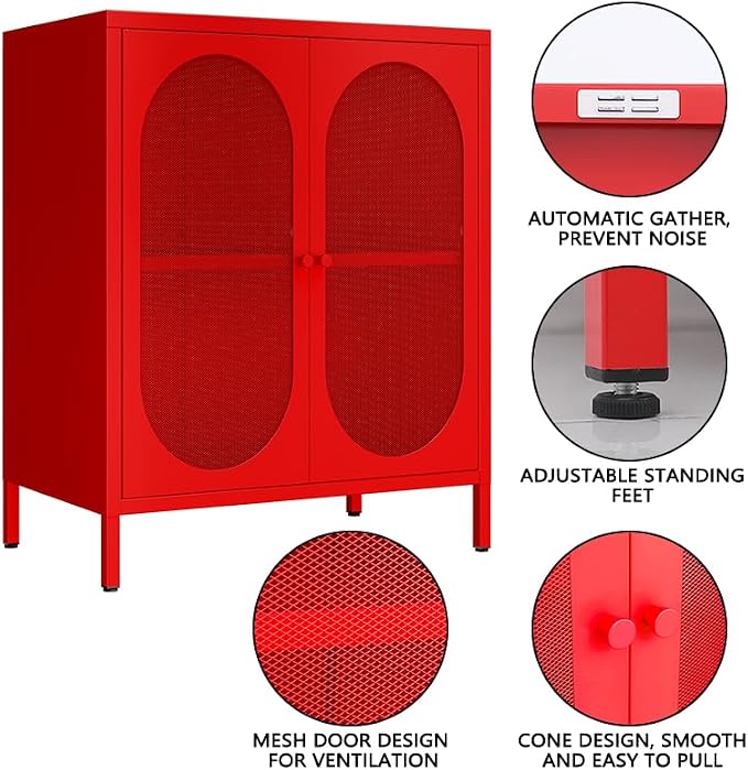 2 Mesh Door Accent Storage Cabinet for Home, Living Room, Office Room,Kitchen-Metal Locker Cabinet with 1 Adjustable Shelves-2-Tier (Small Mesh Door, red)