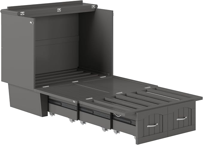 AFI, Nantucket Twin Murphy Bed Chest with Mattress, Storage Drawer and Built-In USB Charger, Grey