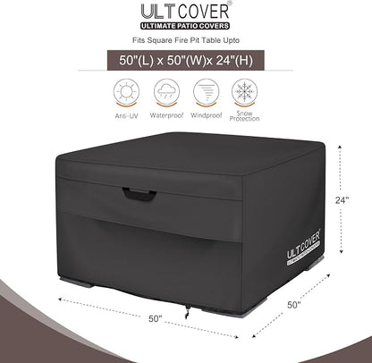 ULTCOVER Patio Fire Pit Table Cover Square 50 inch Outdoor Waterproof Fire Bowl Cover, Black
