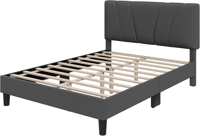 Novilla Queen Bed Frame with Headboard, Bed Frame Queen Size with Wood Slats Support,Linen Upholstered Adjustable Headboard, No Box Spring Needed, Heavy Duty Feet, Easy Assembly, Dark Grey