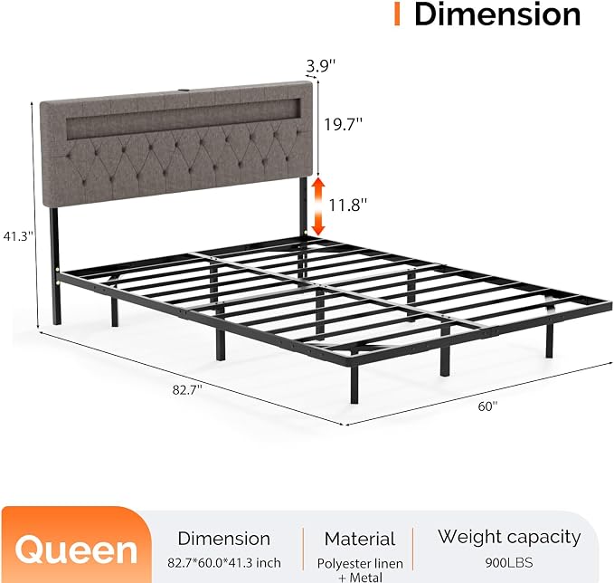 VINGLI Queen Floating Bed Frame with Headboard Heavy Duty Metal Frame, Storage Shelf, LED Lights Charging Station, Modern Platform Bed, Adjustable Headboard, No Box Spring Needed, Grey