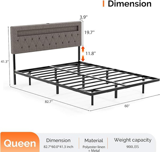 VINGLI Queen Floating Bed Frame with Headboard Heavy Duty Metal Frame, Storage Shelf, LED Lights Charging Station, Modern Platform Bed, Adjustable Headboard, No Box Spring Needed, Grey