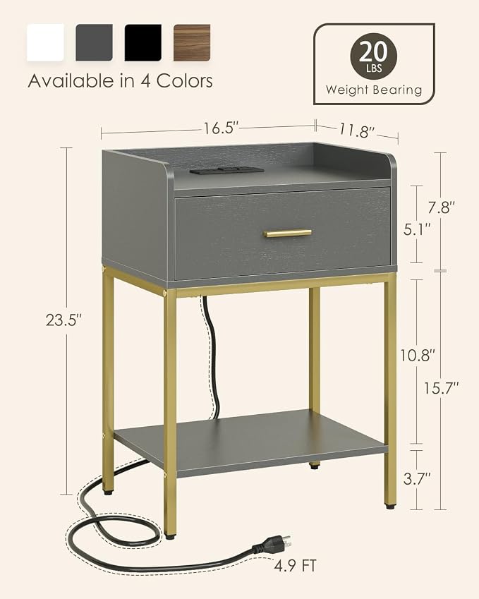 Masupu Nightstand with Charging Station,3-Tier Modern Bedside Night Stand with Storage Drawer and Shelf,Small End Side Table for Bedroom,Living Room,Grey