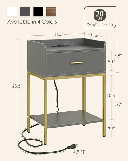 Masupu Nightstand with Charging Station,3-Tier Modern Bedside Night Stand with Storage Drawer and Shelf,Small End Side Table for Bedroom,Living Room,Grey
