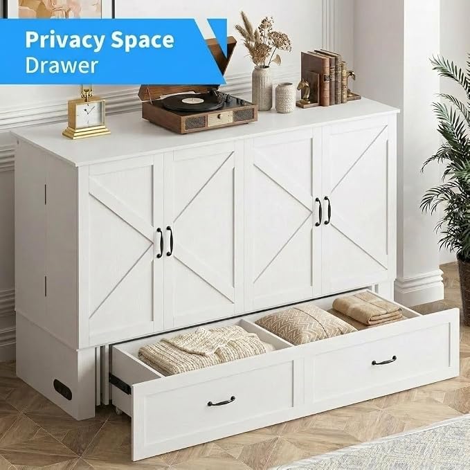 PUREMIND Murphy Bed Queen, Crisscross Frame Cabinet Beds Chest with Charging Station & Storage Drawers, Convertible Hideaway Cabinet Bed for Guest Room, White, Without Mattress