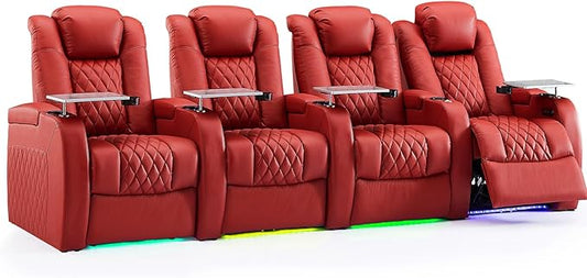 Weilianda Home Theater Seating Top Grain Leather Zero Gravity Recliner Chair Power Headrest Recline Movie Seat Gaming 7 Colors Mood Light Sofa with Tray Table USB Charge Row of 4 Red