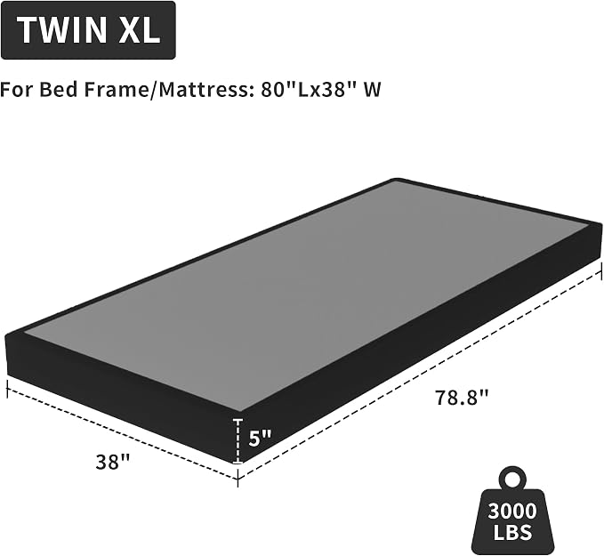 Superay Twin XL Box Spring, 5 inch Box Spring for Twin XL Bed, Heavy Duty Metal Bed Frame with Fabric Cover, 3000lbs Max Weight Capacity Bed Base Mattress Foundation, Easy Assembly, Noise Free, Black