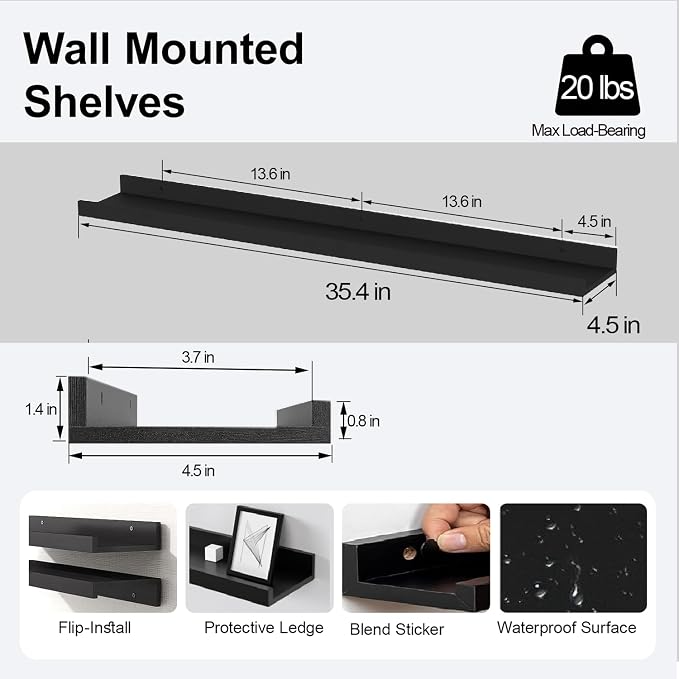 Long Floating Shelves for Wall Decor, Long Wall Mounted Storage Shelf for Bedroom, Living Room, Bathroom, Kitchen, Nursery, Display Picture Ledge Shelf with Lip Set of 2-36 Inches, Black
