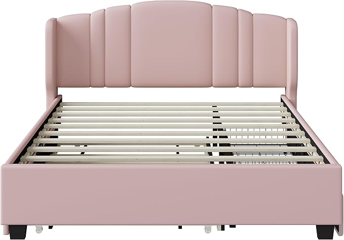 Merax Queen Size Platform Bed Frame with Twin Trundle, Storage 2 Drawers and Upholstered Headboard, No Box Spring Needed
