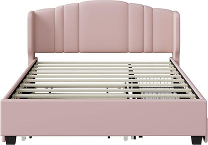 Merax Queen Size Platform Bed Frame with Twin Trundle, Storage 2 Drawers and Upholstered Headboard, No Box Spring Needed